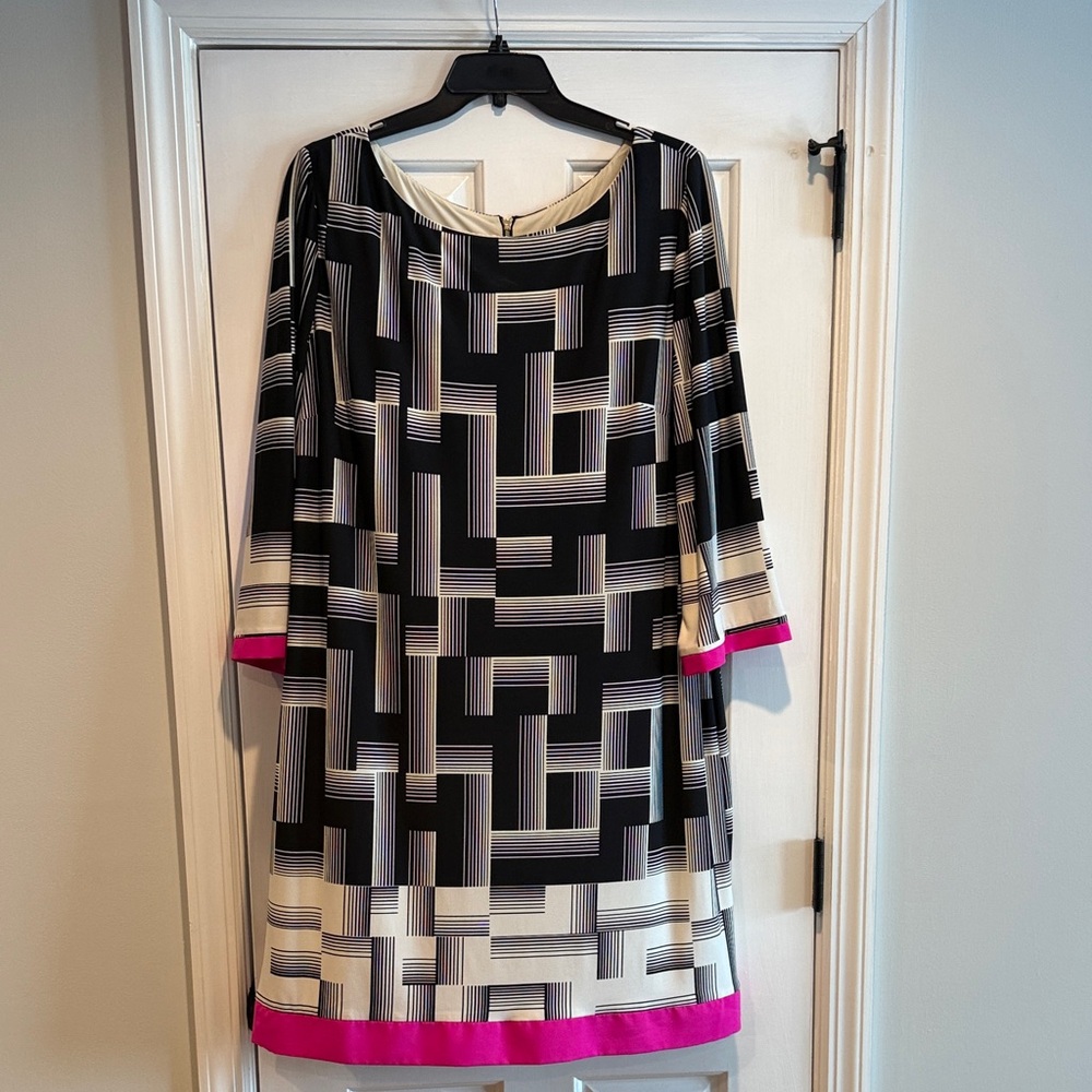 Eliza J Black and White Geometric Dress with Pink Trim
